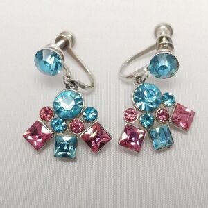 Vintage Blue Pink Rhinestone Dangle Clip On Screw Back Earrings, Estate